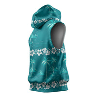 Cyan Hawaii Palm Tree Hibiscus Sleeveless Hoodie Fantasy Summer Vibe