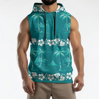 Cyan Hawaii Palm Tree Hibiscus Sleeveless Hoodie Fantasy Summer Vibe