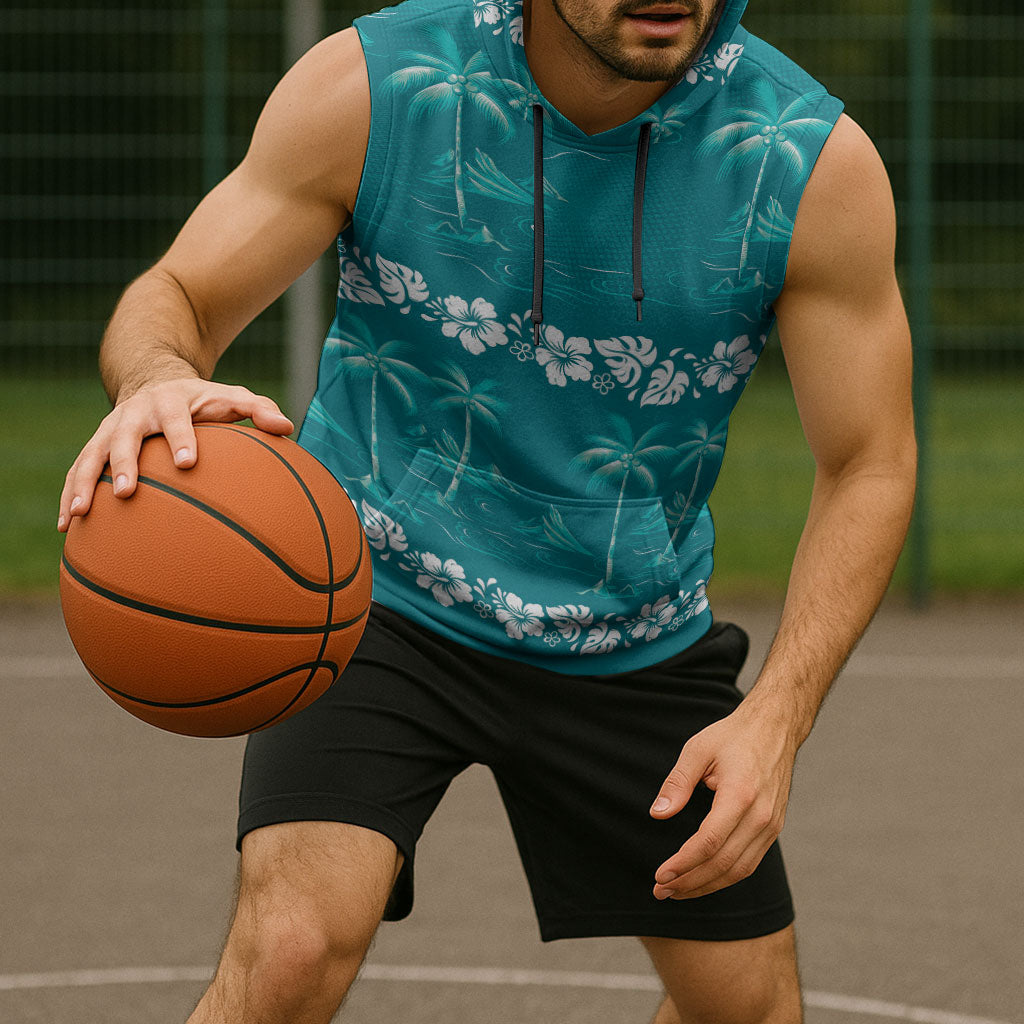 Cyan Hawaii Palm Tree Hibiscus Sleeveless Hoodie Fantasy Summer Vibe