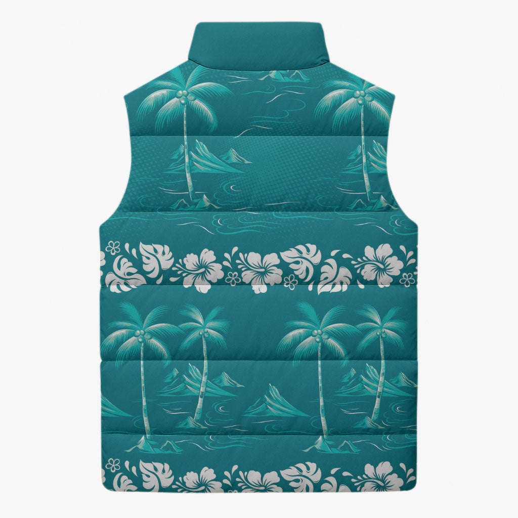 Cyan Hawaii Palm Tree Hibiscus Sleeveless Puffer Jacket Fantasy Summer Vibe