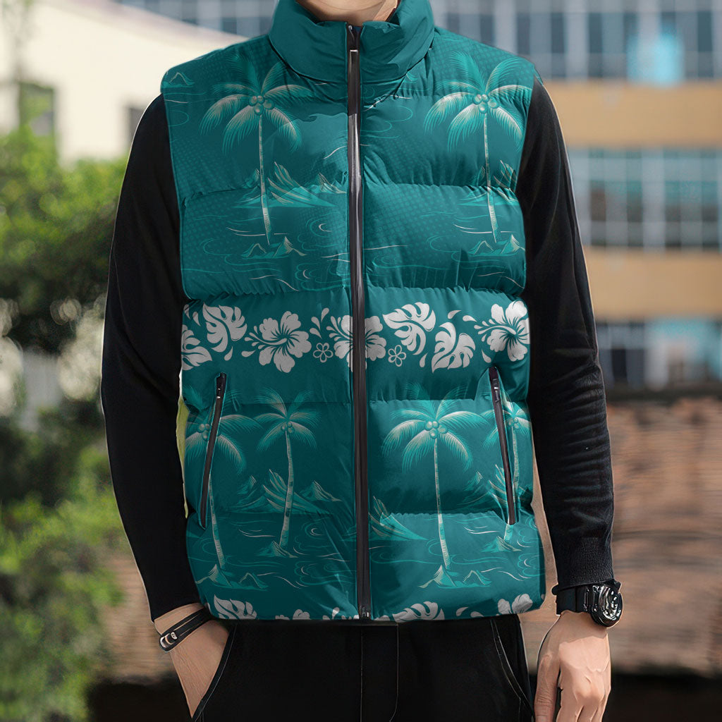 Cyan Hawaii Palm Tree Hibiscus Sleeveless Puffer Jacket Fantasy Summer Vibe