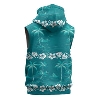 Cyan Hawaii Palm Tree Hibiscus Sleeveless Zip Hoodie Fantasy Summer Vibe