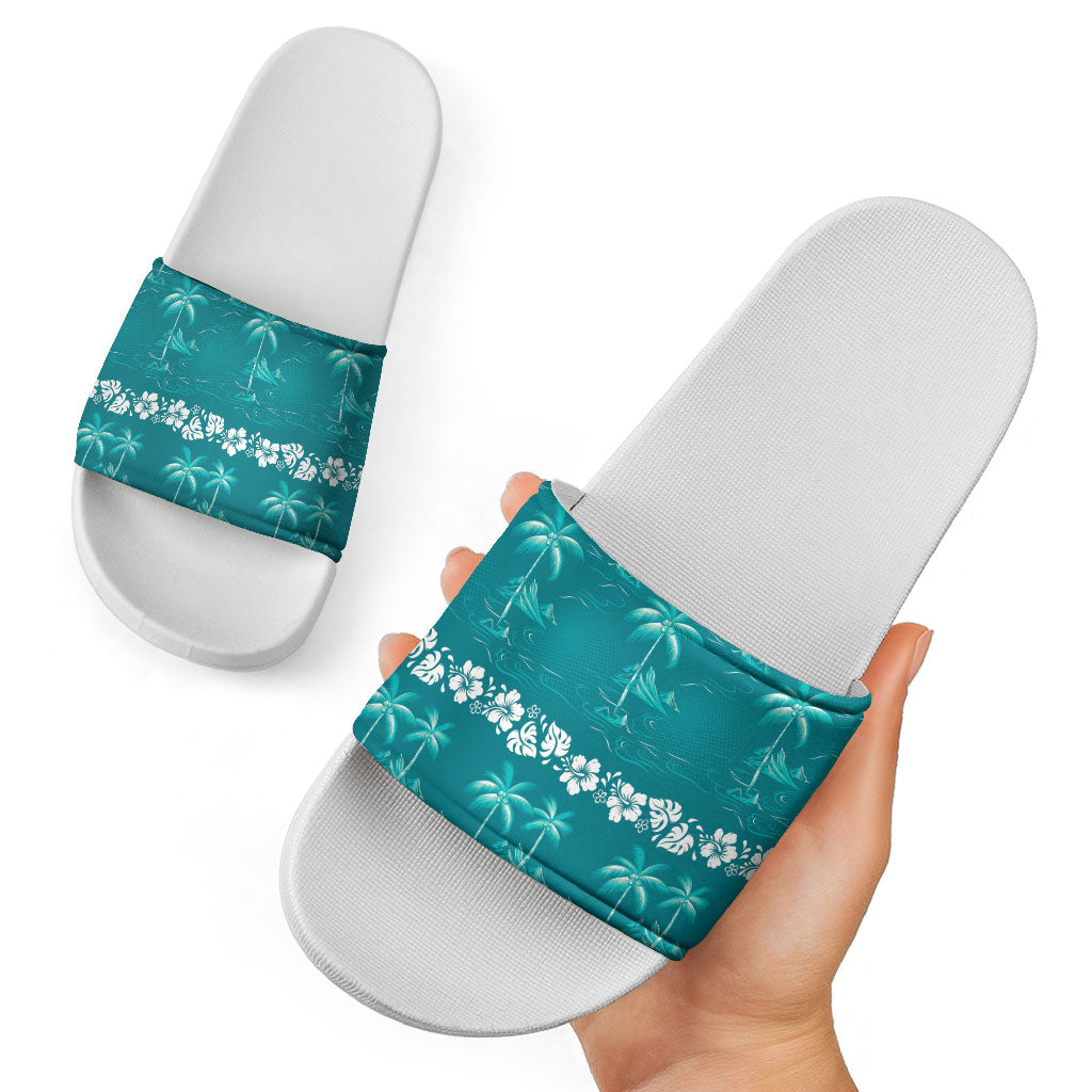 Cyan Hawaii Palm Tree Hibiscus Slide Sandals Fantasy Summer Vibe
