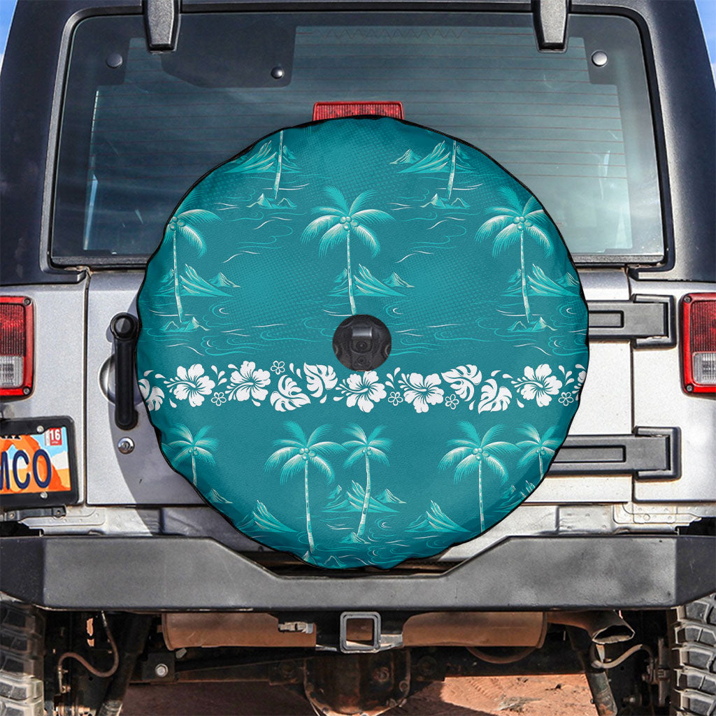 Cyan Hawaii Palm Tree Hibiscus Spare Tire Cover Fantasy Summer Vibe