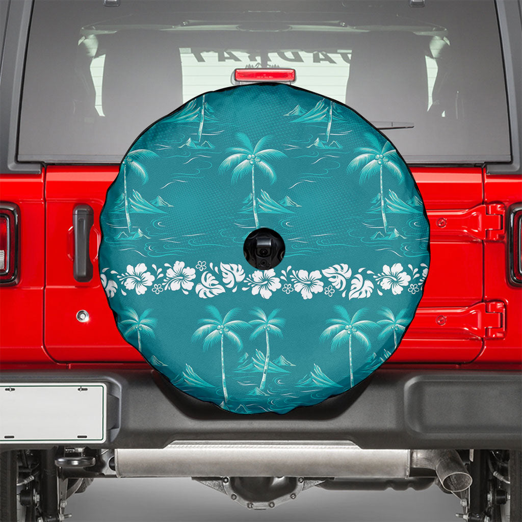 Cyan Hawaii Palm Tree Hibiscus Spare Tire Cover Fantasy Summer Vibe