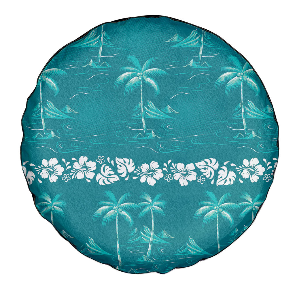 Cyan Hawaii Palm Tree Hibiscus Spare Tire Cover Fantasy Summer Vibe