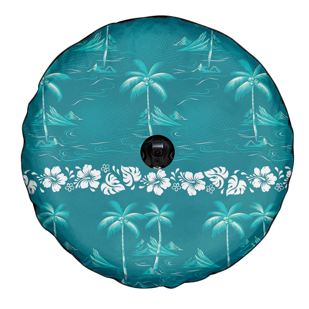 Cyan Hawaii Palm Tree Hibiscus Spare Tire Cover Fantasy Summer Vibe