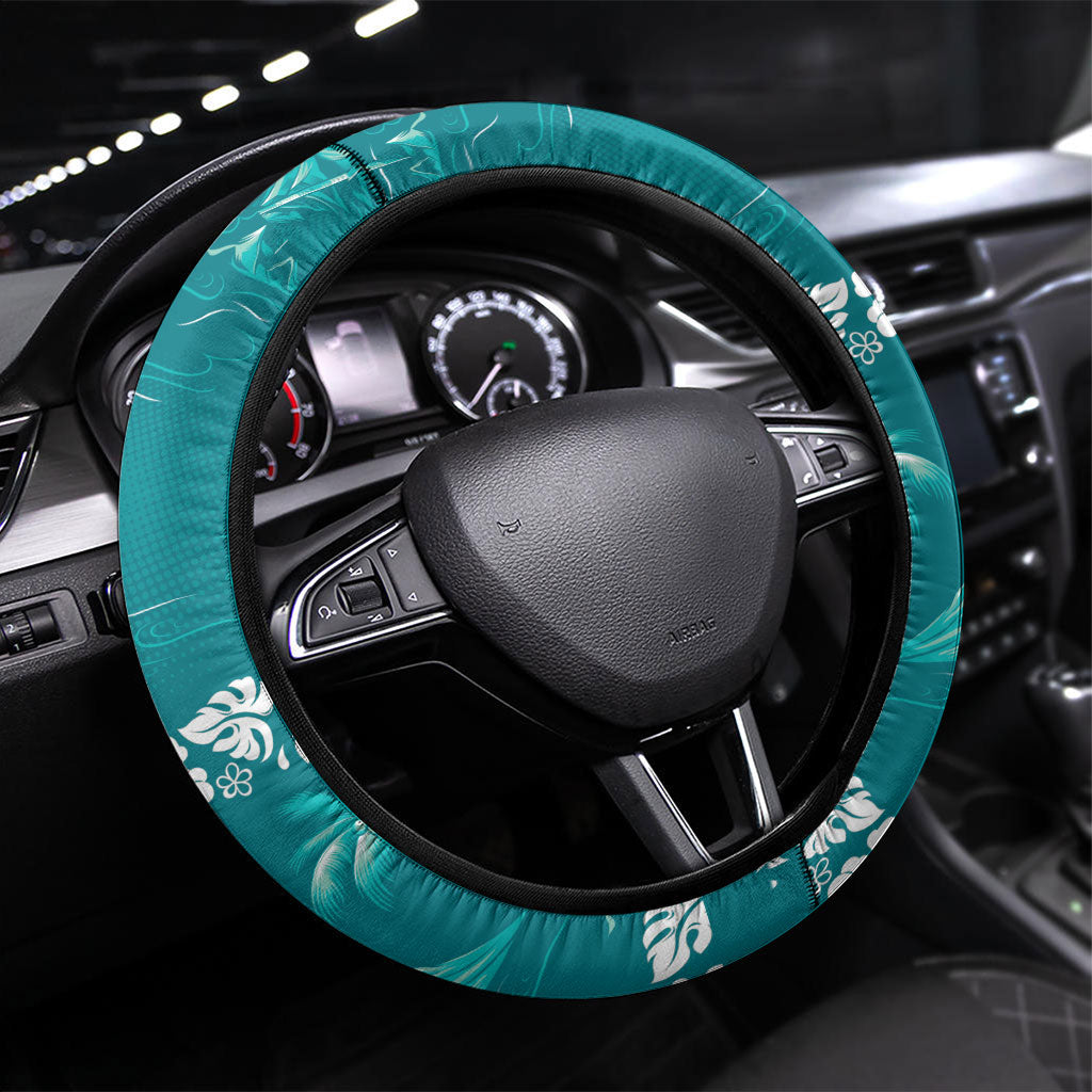 Cyan Hawaii Palm Tree Hibiscus Steering Wheel Cover Fantasy Summer Vibe LT01 Universal Fit Cyan - Polynesian Pride