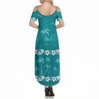 Cyan Hawaii Palm Tree Hibiscus Summer Maxi Dress Fantasy Summer Vibe