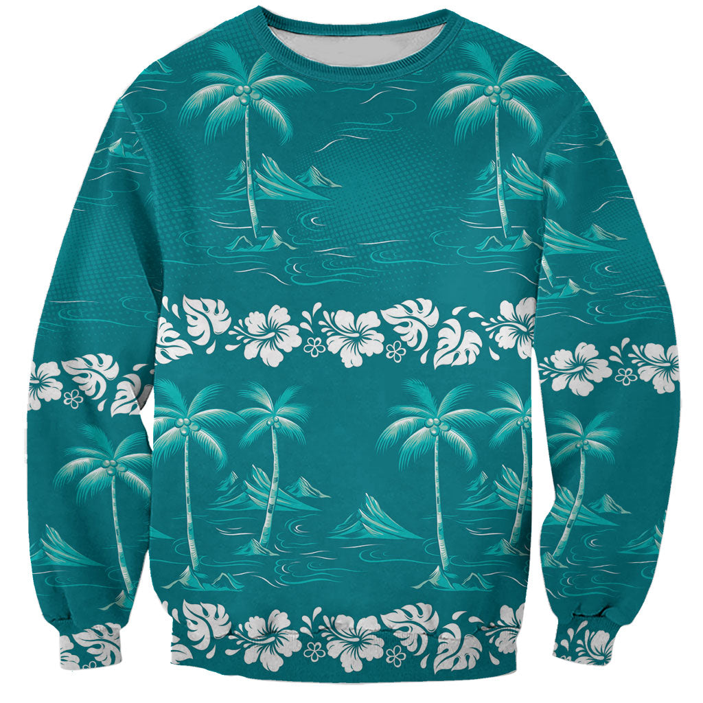 Cyan Hawaii Palm Tree Hibiscus Sweatshirt Fantasy Summer Vibe