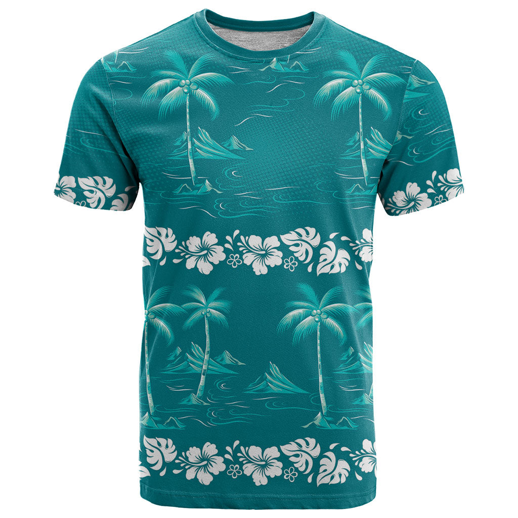 Cyan Hawaii Palm Tree Hibiscus T Shirt Fantasy Summer Vibe