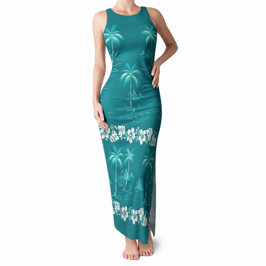 Cyan Hawaii Palm Tree Hibiscus Tank Maxi Dress Fantasy Summer Vibe