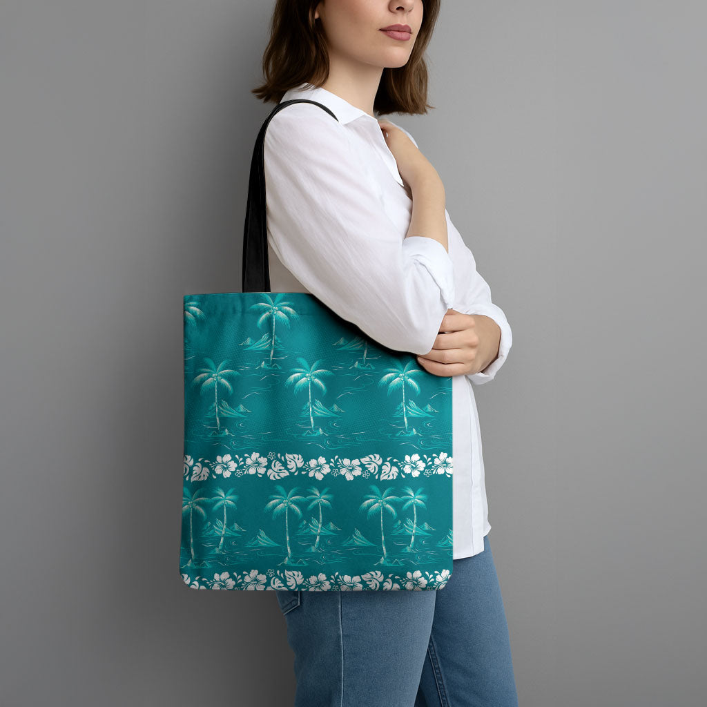 Cyan Hawaii Palm Tree Hibiscus Tote Bag Fantasy Summer Vibe