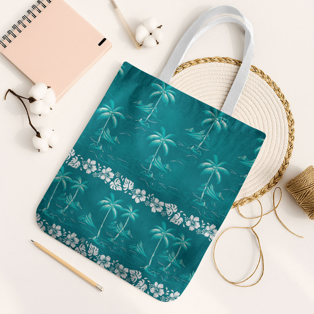 Cyan Hawaii Palm Tree Hibiscus Tote Bag Fantasy Summer Vibe