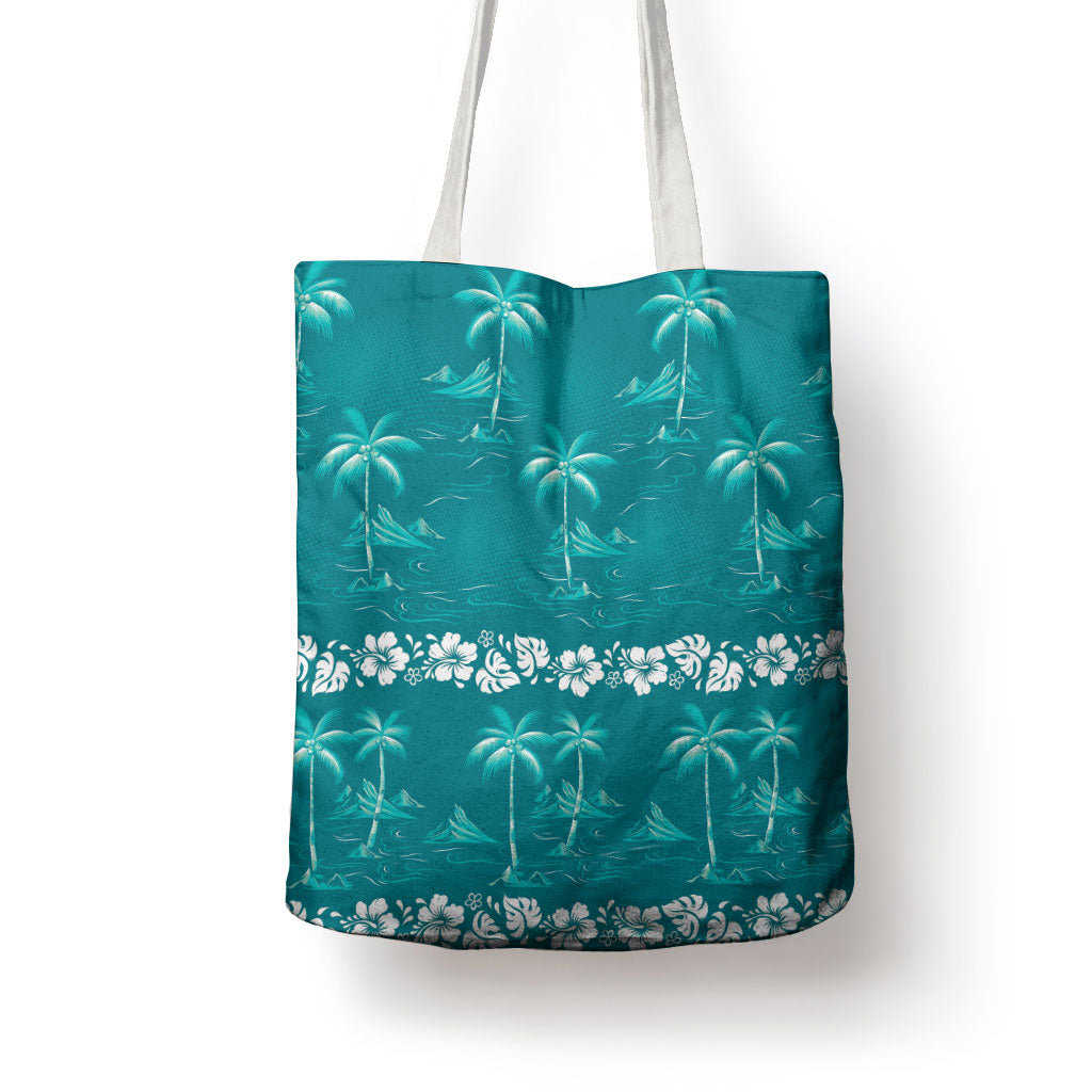 Cyan Hawaii Palm Tree Hibiscus Tote Bag Fantasy Summer Vibe
