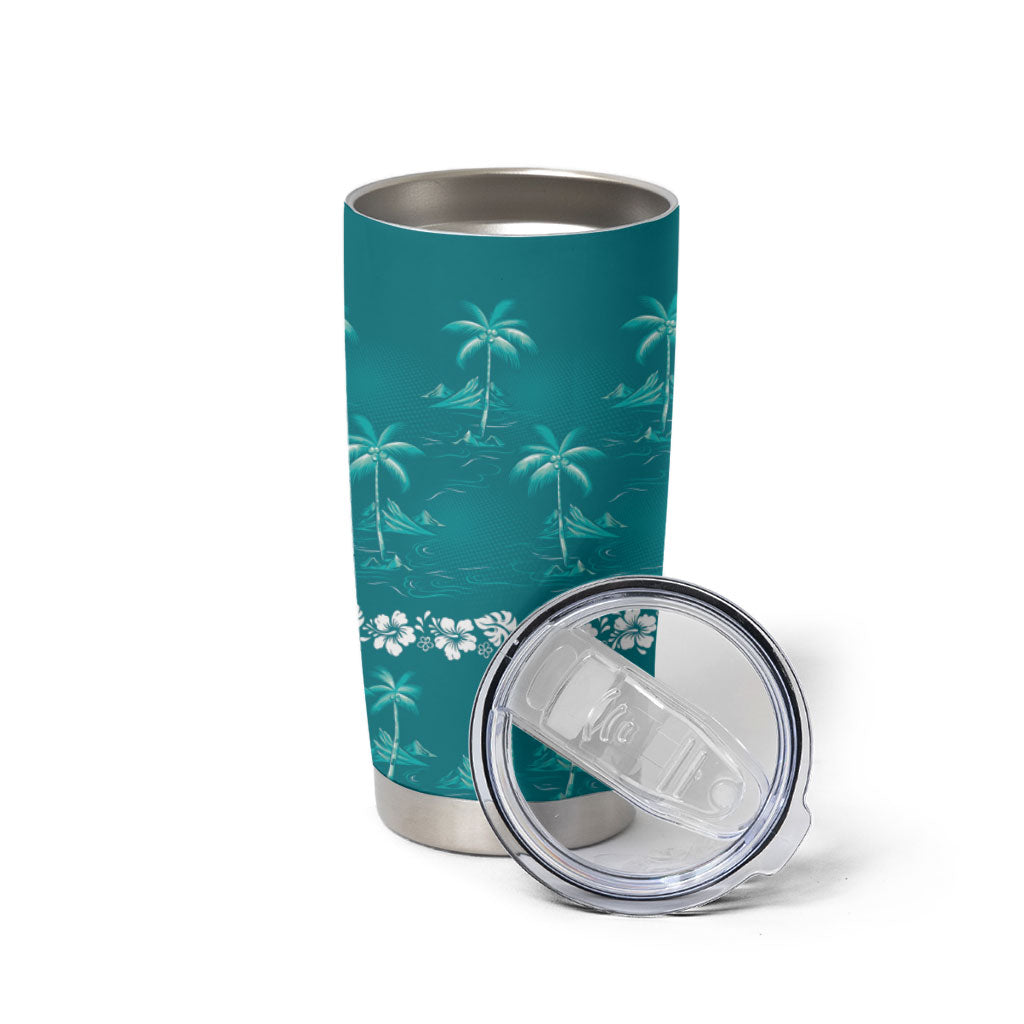 Cyan Hawaii Palm Tree Hibiscus Tumbler Cup Fantasy Summer Vibe