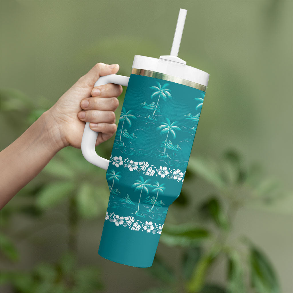 Cyan Hawaii Palm Tree Hibiscus Tumbler With Handle Fantasy Summer Vibe