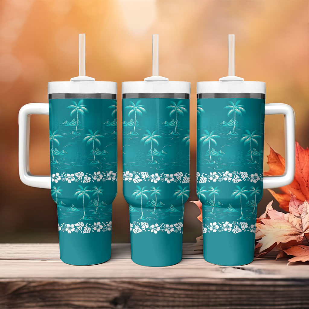 Cyan Hawaii Palm Tree Hibiscus Tumbler With Handle Fantasy Summer Vibe