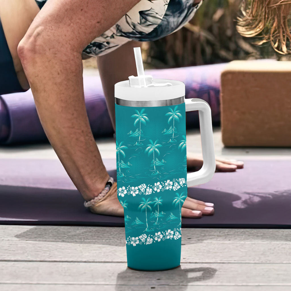 Cyan Hawaii Palm Tree Hibiscus Tumbler With Handle Fantasy Summer Vibe