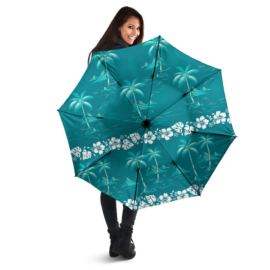Cyan Hawaii Palm Tree Hibiscus Umbrella Fantasy Summer Vibe
