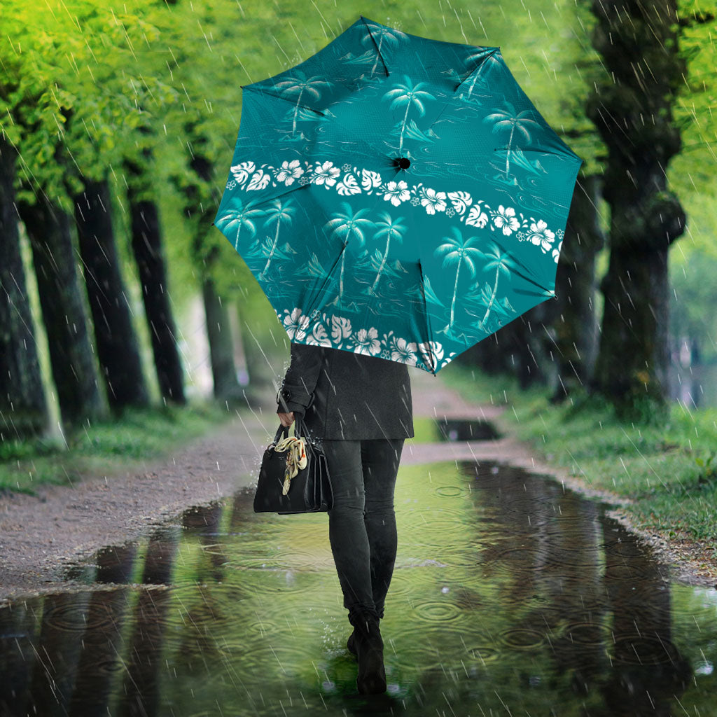 Cyan Hawaii Palm Tree Hibiscus Umbrella Fantasy Summer Vibe
