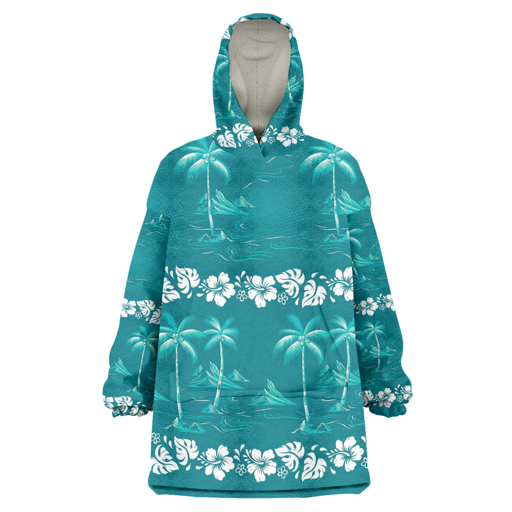 Cyan Hawaii Palm Tree Hibiscus Wearable Blanket Hoodie Fantasy Summer Vibe