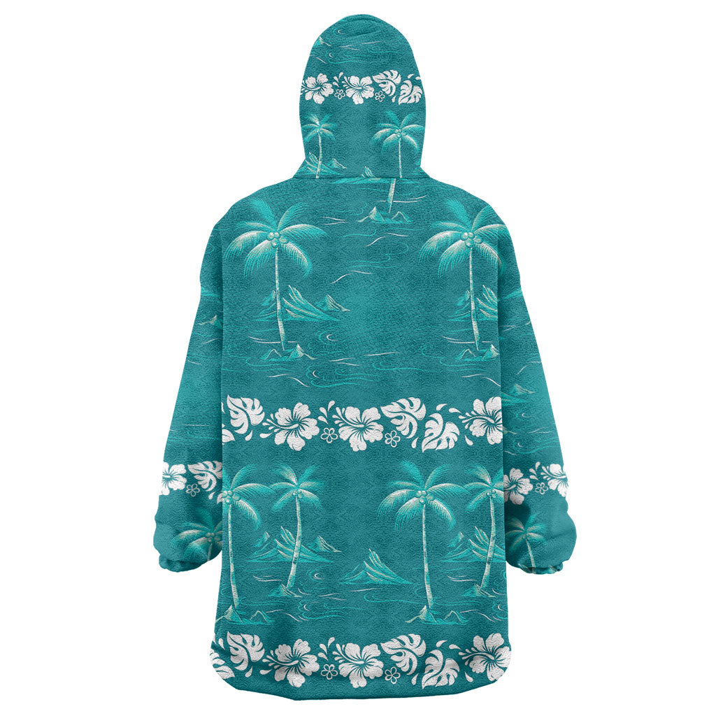 Cyan Hawaii Palm Tree Hibiscus Wearable Blanket Hoodie Fantasy Summer Vibe