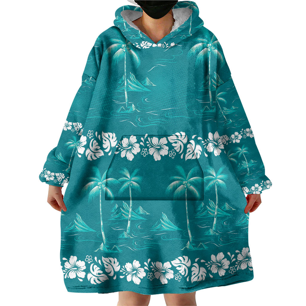 Cyan Hawaii Palm Tree Hibiscus Wearable Blanket Hoodie Fantasy Summer Vibe