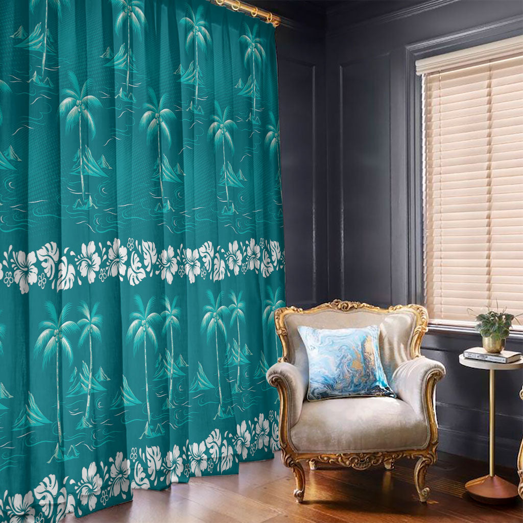 Cyan Hawaii Palm Tree Hibiscus Window Curtain Fantasy Summer Vibe