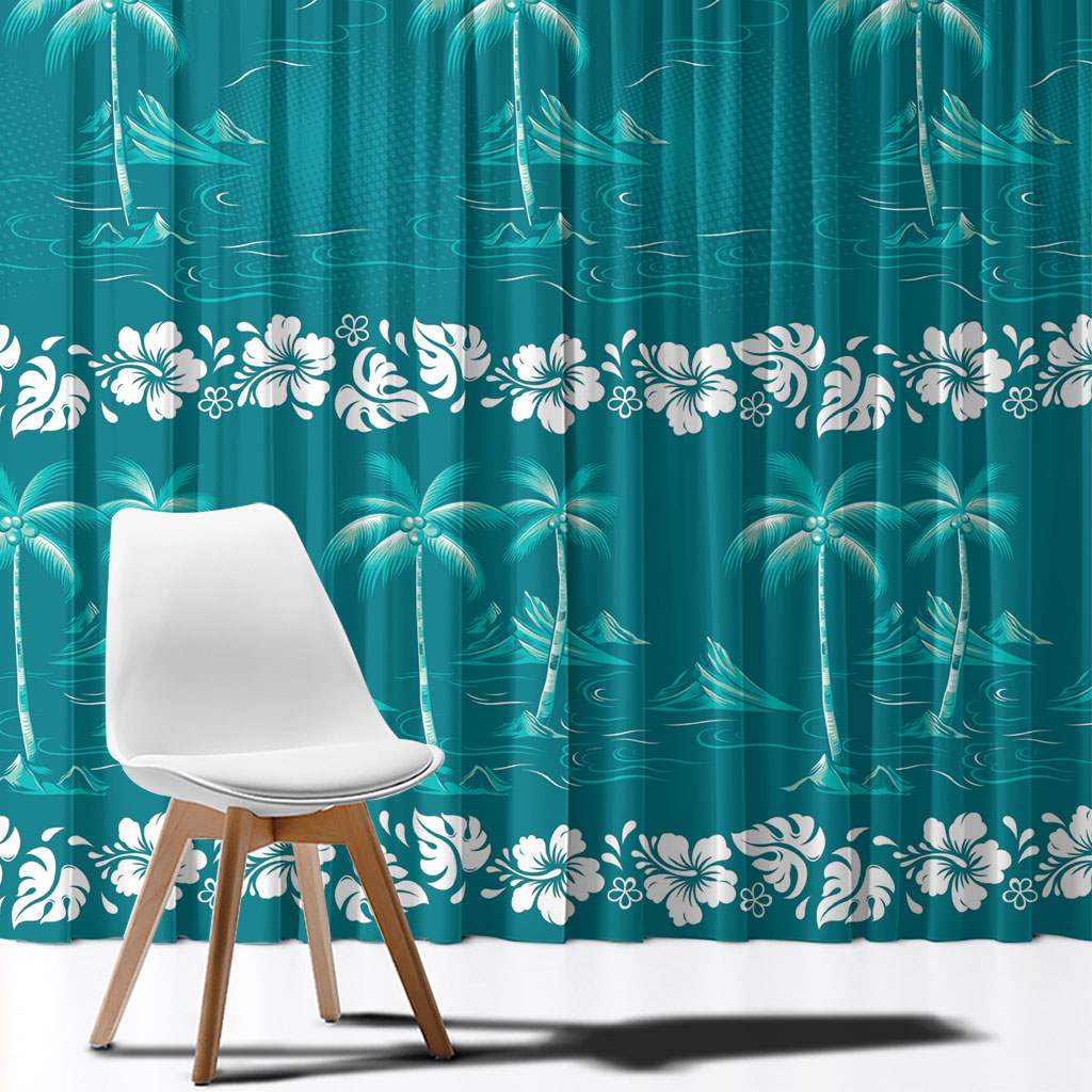 Cyan Hawaii Palm Tree Hibiscus Window Curtain Fantasy Summer Vibe