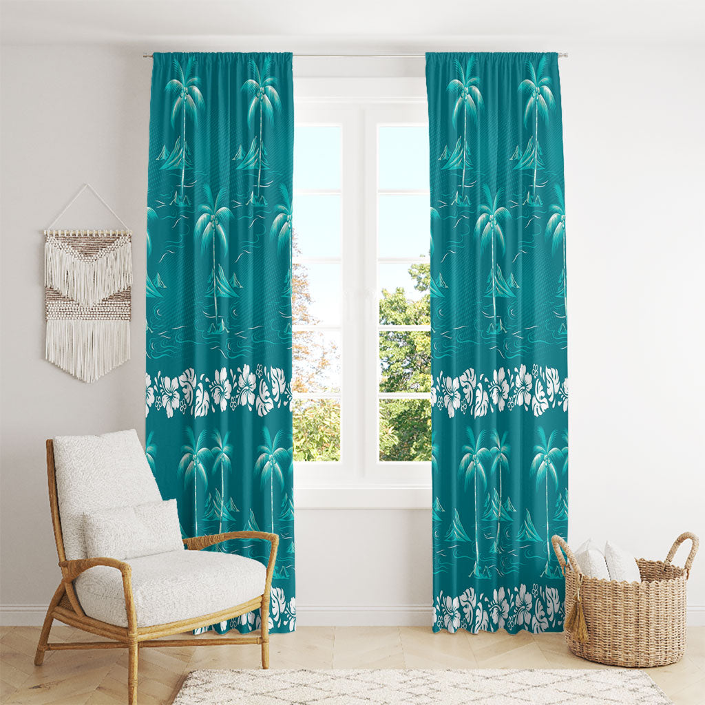 Cyan Hawaii Palm Tree Hibiscus Window Curtain Fantasy Summer Vibe