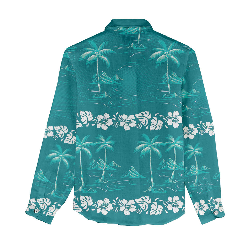 Cyan Hawaii Palm Tree Hibiscus Women Casual Shirt Fantasy Summer Vibe