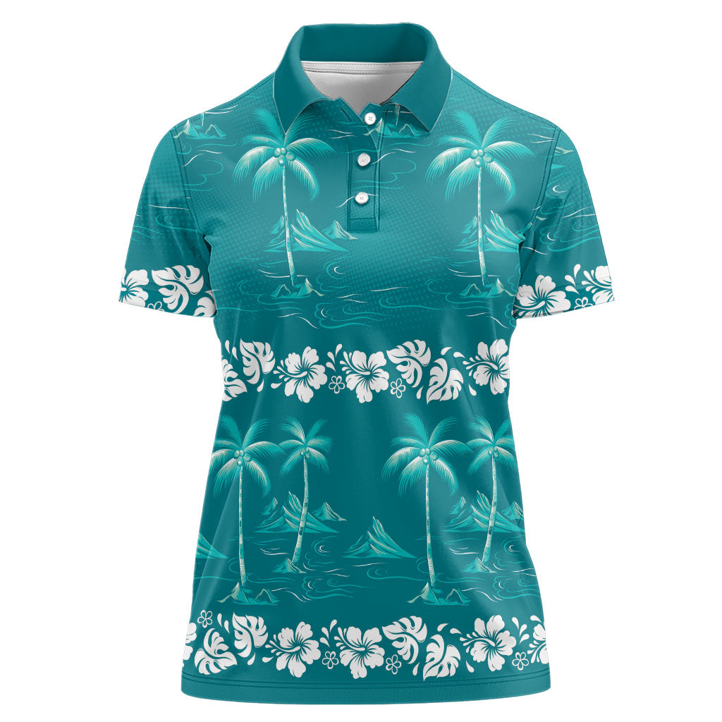 Cyan Hawaii Palm Tree Hibiscus Women Polo Shirt Fantasy Summer Vibe