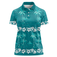 Cyan Hawaii Palm Tree Hibiscus Women Polo Shirt Fantasy Summer Vibe