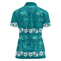 Cyan Hawaii Palm Tree Hibiscus Women Polo Shirt Fantasy Summer Vibe
