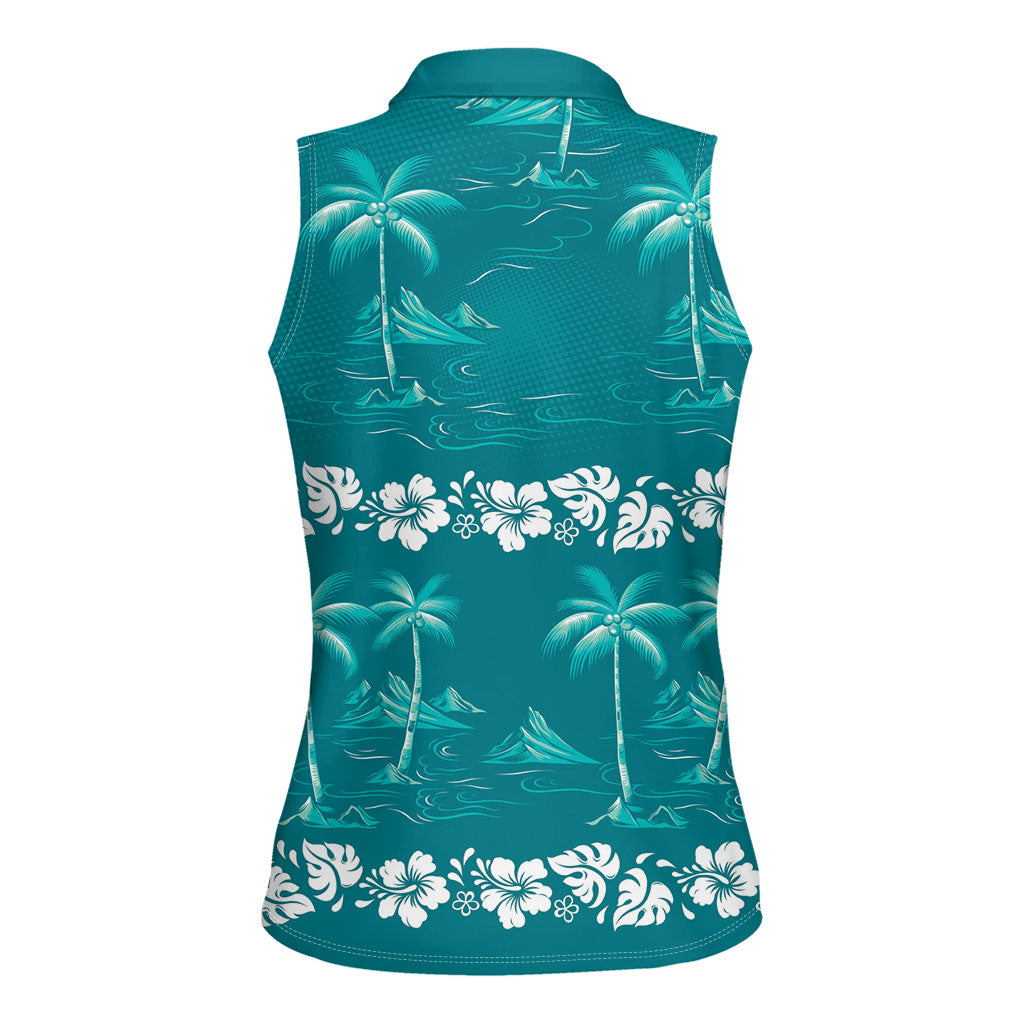 Cyan Hawaii Palm Tree Hibiscus Women Sleeveless Polo Shirt Fantasy Summer Vibe