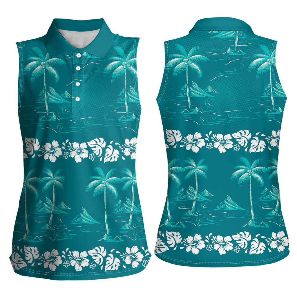 Cyan Hawaii Palm Tree Hibiscus Women Sleeveless Polo Shirt Fantasy Summer Vibe