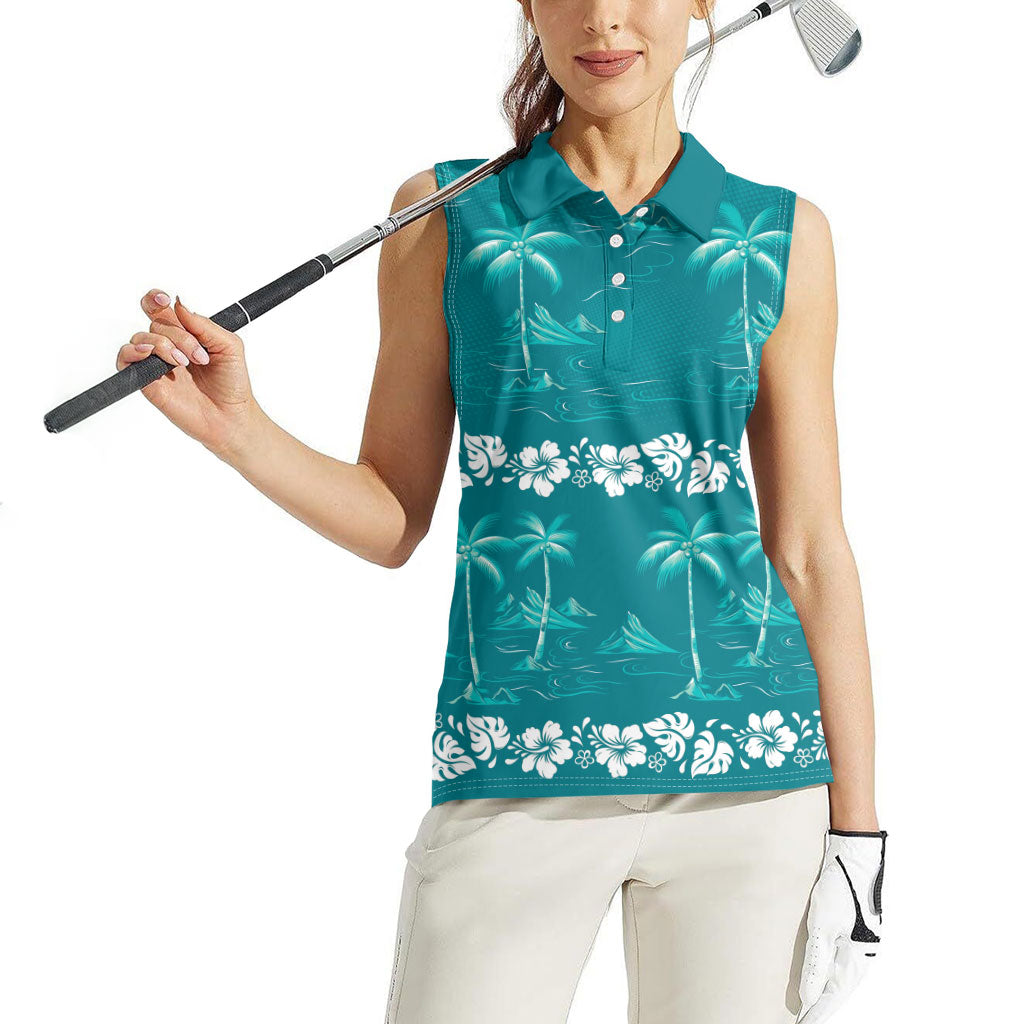 Cyan Hawaii Palm Tree Hibiscus Women Sleeveless Polo Shirt Fantasy Summer Vibe