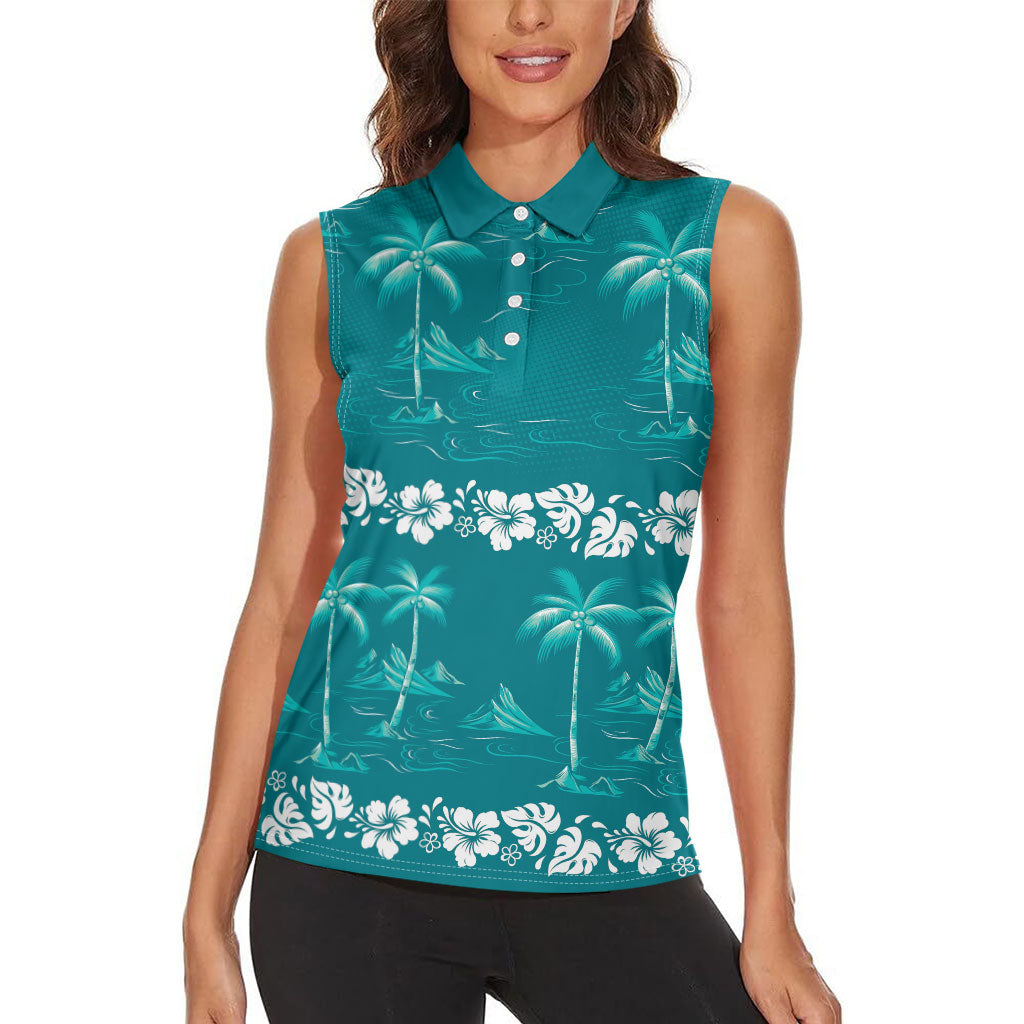 Cyan Hawaii Palm Tree Hibiscus Women Sleeveless Polo Shirt Fantasy Summer Vibe
