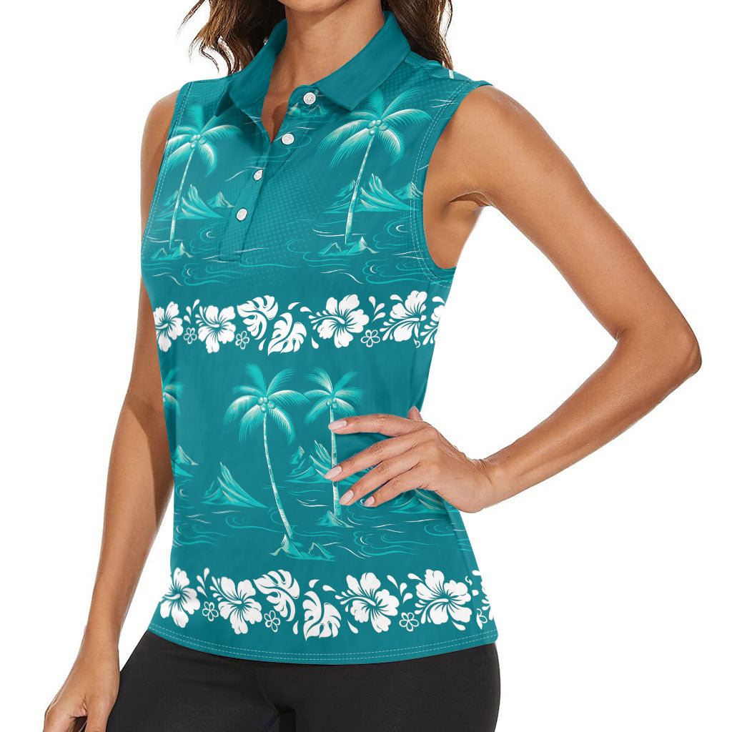 Cyan Hawaii Palm Tree Hibiscus Women Sleeveless Polo Shirt Fantasy Summer Vibe