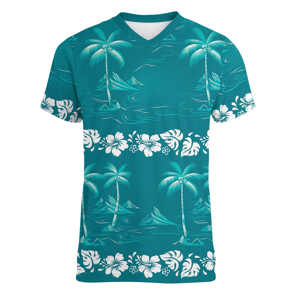 Cyan Hawaii Palm Tree Hibiscus Women V-Neck T-Shirt Fantasy Summer Vibe