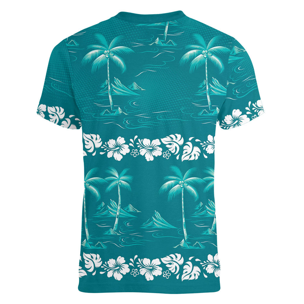 Cyan Hawaii Palm Tree Hibiscus Women V-Neck T-Shirt Fantasy Summer Vibe