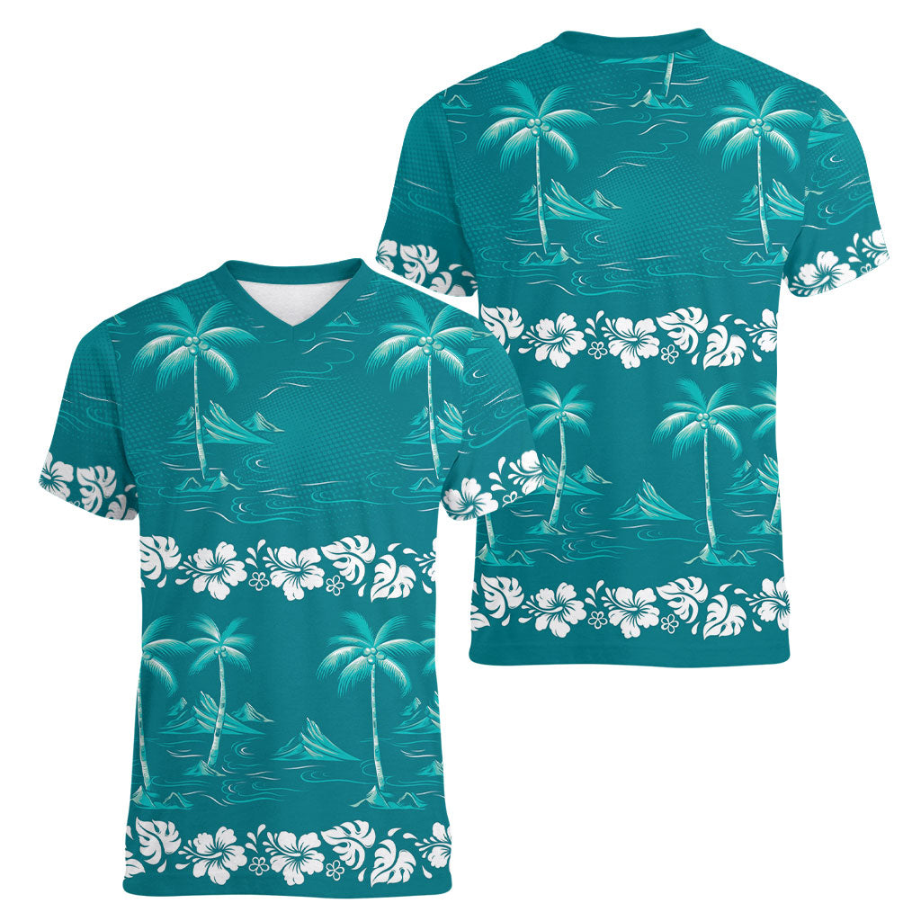 Cyan Hawaii Palm Tree Hibiscus Women V-Neck T-Shirt Fantasy Summer Vibe