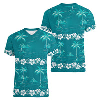 Cyan Hawaii Palm Tree Hibiscus Women V-Neck T-Shirt Fantasy Summer Vibe