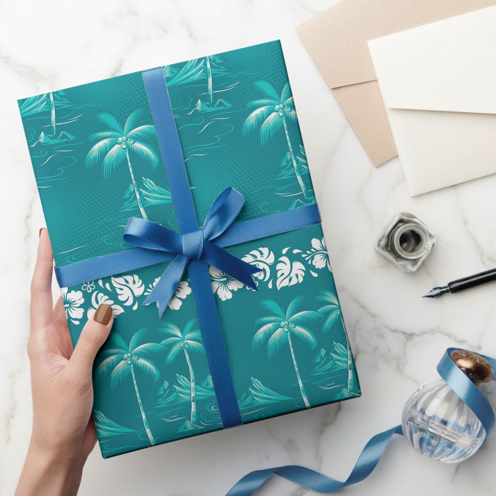 Cyan Hawaii Palm Tree Hibiscus Wrapping Paper Fantasy Summer Vibe