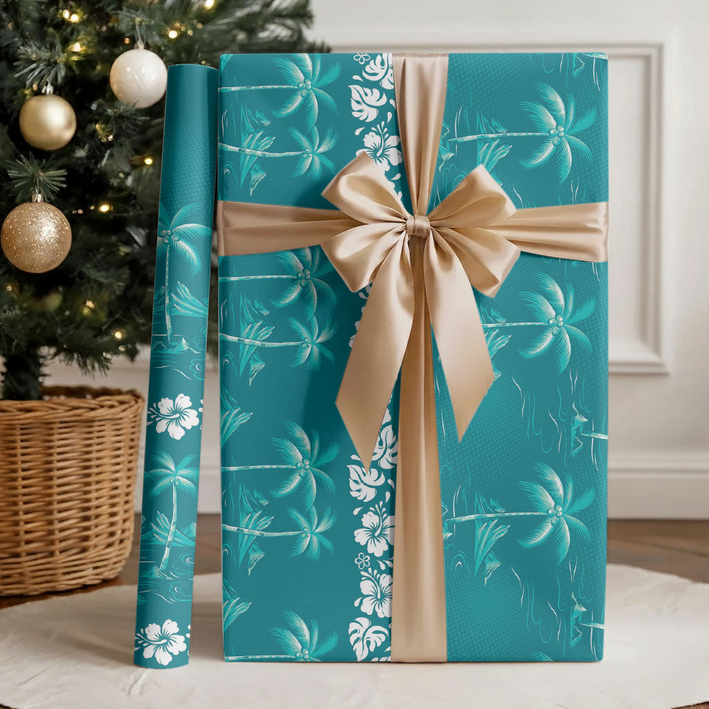 Cyan Hawaii Palm Tree Hibiscus Wrapping Paper Fantasy Summer Vibe