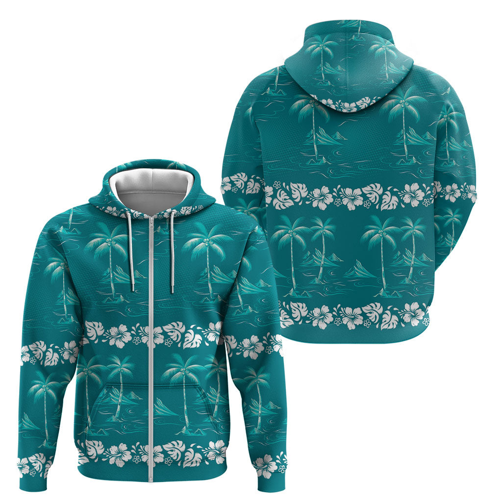 Cyan Hawaii Palm Tree Hibiscus Zip Hoodie Fantasy Summer Vibe