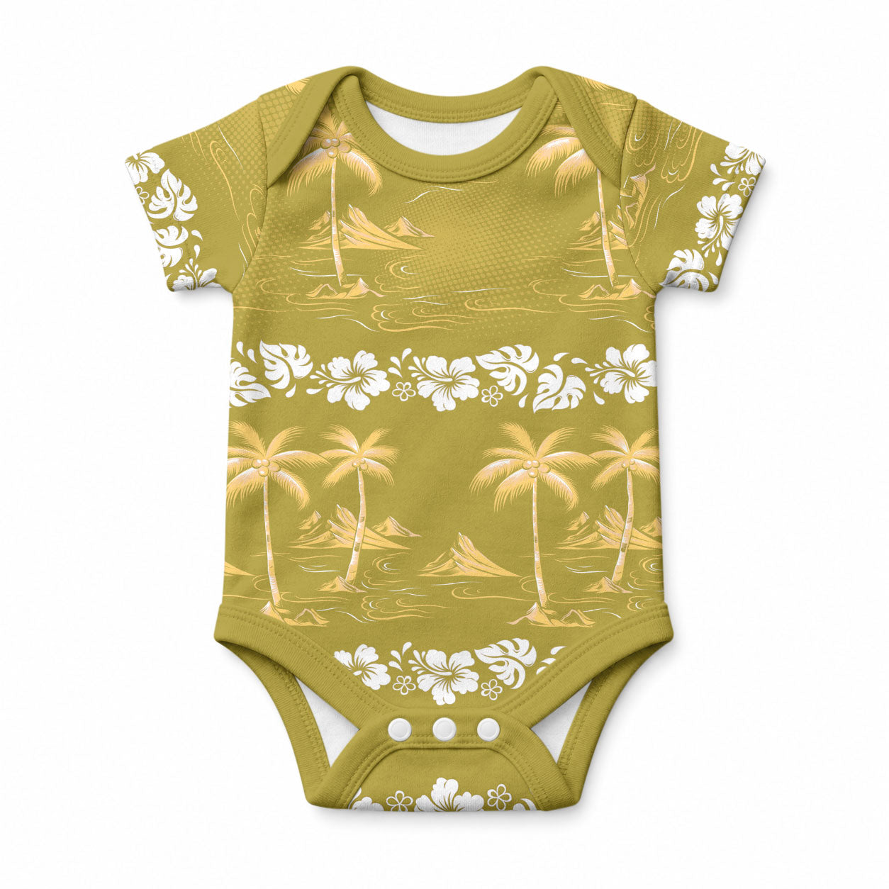 Yellow Hawaii Palm Tree Hibiscus Baby Onesie Fantasy Summer Vibe
