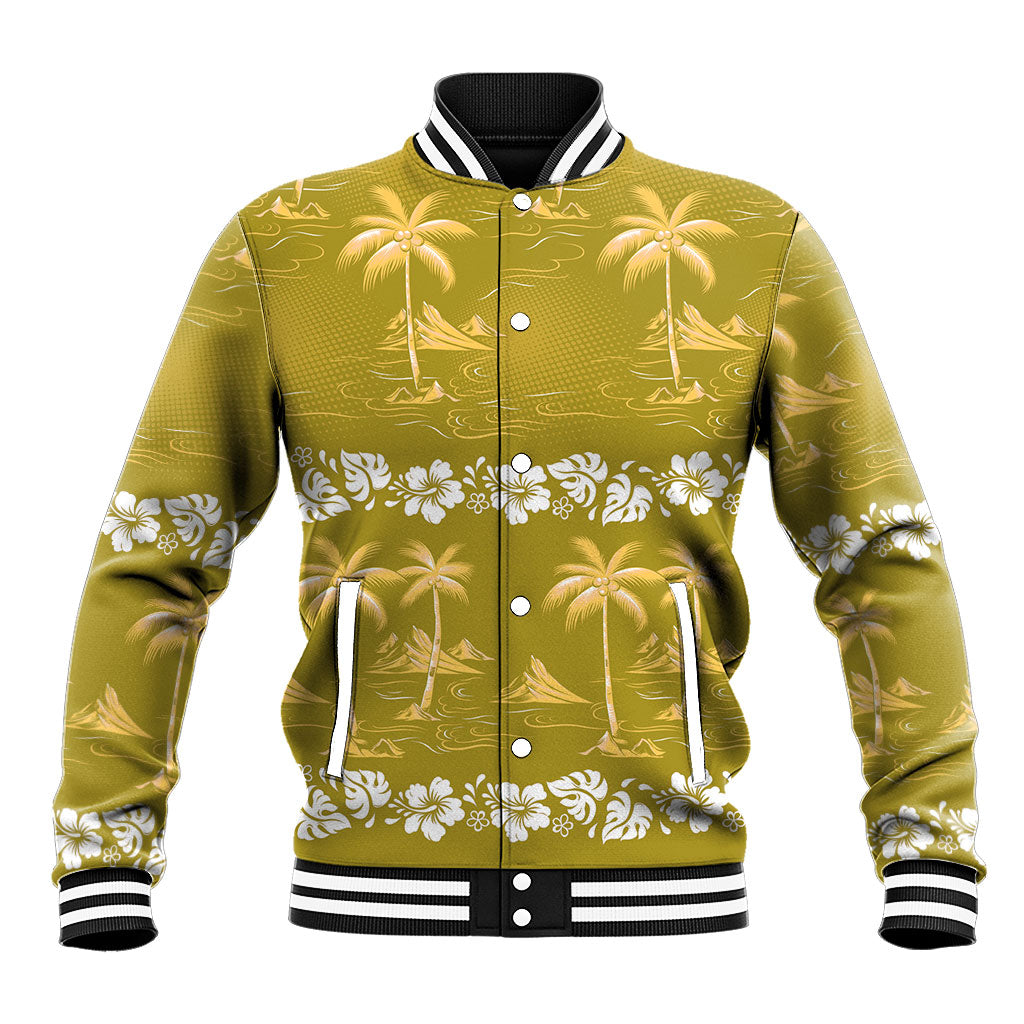 Yellow Hawaii Palm Tree Hibiscus Baseball Jacket Fantasy Summer Vibe