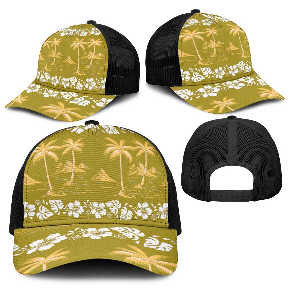 Yellow Hawaii Palm Tree Hibiscus Baseball Net Cap Fantasy Summer Vibe